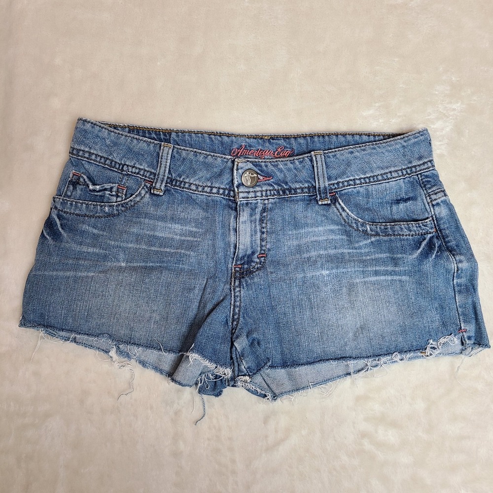 Y2K American Eagle Denim Shorts Pockets Size 8 Cut Off Stretch Med Wash Booty